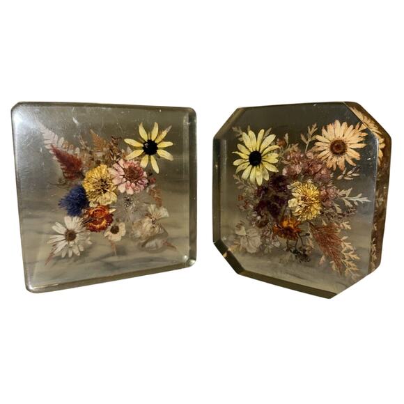 2 Vintage Preserved Flower Resin Block Lucite Art Dried 5x5